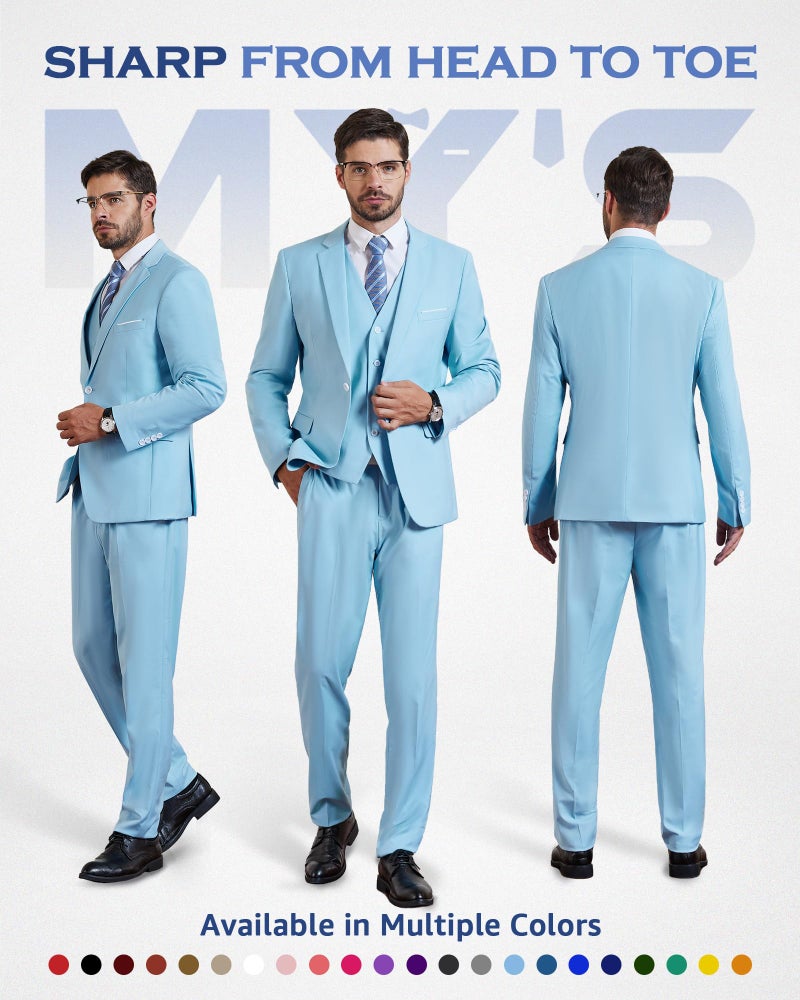 MYS MY'S Men's 3 Piece Suit Set with Tie, One Button Slim Fit Jacket Vest & Pants, Party Wedding Prom Blazer Waistcoat & Trousers, Sky Blue Small - Image 2